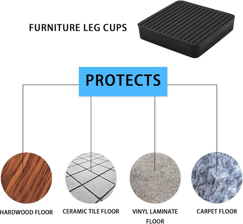 Non Slip Furniture Pads - SAFYY Square Rubber Anti Skid Caster Cups for Couch, Chair, Feet, Bed Stoppers