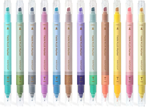 WRITECH Dual Tip Highlighter Markers: Aesthetic Fine & Chisel Tip Pastel Vintage Marker Pens Pack No Bleed & Smear 12ct