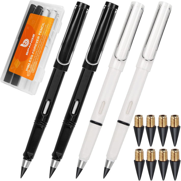 Everlasting Pencils 0.7mm Inkless Pen, 4Pcs Pencils with 8Pcs Replaceable Leads (Black White) Lapiz Infinito No Sharpen