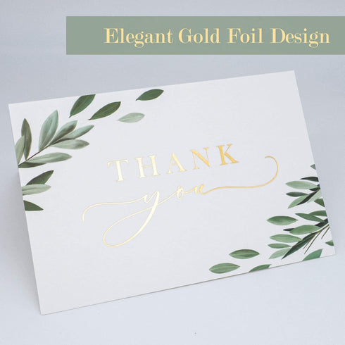 4x6 20-Pack) Set, Gooji Greenery Leaves Gold Foil Thank You Cards (Bulk Matching Peel-and-Seal White Envelopes |