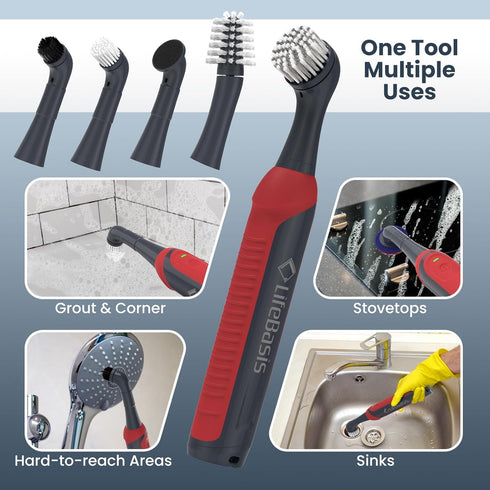 11-Piece IPX7 LifeBasis Rechargeable Power Scrubber Kit, Cordless Electric Cleaning Brush, Waterproof Electric Grout