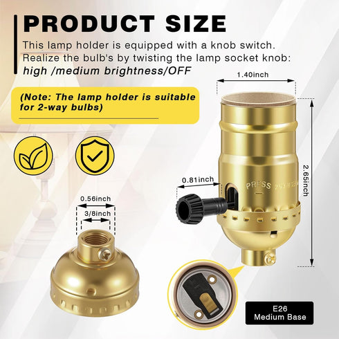 Saysurey 4 2 Settings E26 Pcs UL Listed Lamp Socket Replacement Way Medium-High Light Threaded Base Turn Switch Knob