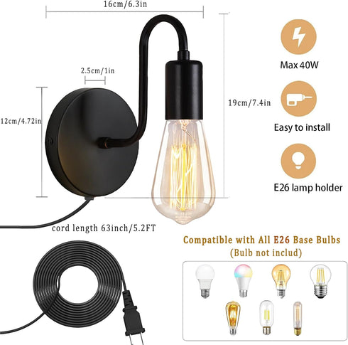 E26 1-Light Plug in Wall Sconce with On Off Switch Industrial Wall Mount Light Fixture Vintage Wall Sconces with Plug