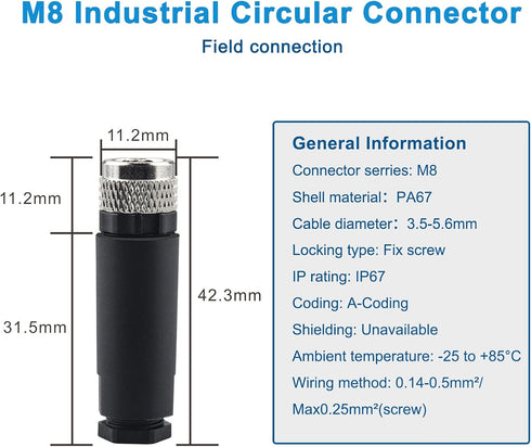 M8 4 Pin Male & Female Socket Panel Aviation Wire Connector, 8mm Outdoor Waterproof IP67 A Coding