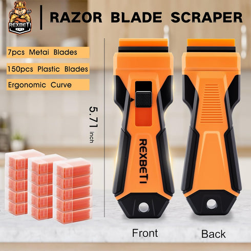 1 Pack 157Pcs -7Pcs 150Pcs REXBETI Razor Blade Scraper Tool, Razor Scraper with Extra Razor Blades Metal and Plastic