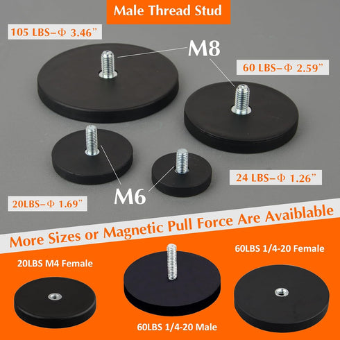 4Pack M6 Studs,24lbs MUTUACTOR Strong Neodymium Rubber Coated Magnets with Threaded Anti-Slip Magnetic Mount Heavy Duty