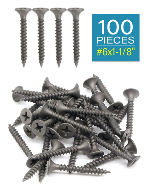 100pcs #6 x 1-1/8" Flat Head Phillips Drywall Screws - Fine Thread Sharp Point Wood Screw, Carbon Steel 1022A