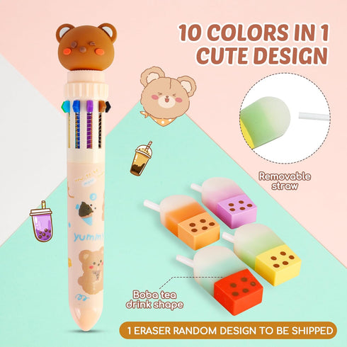 Primo Lines Kawaii Pencil Case and Complete 61 PCS Pink Stationary Set with Cute Boba Case, Pens, Stickers