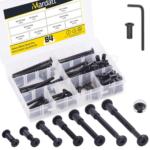 Mardatt 85pcs 7 Sizes M6x20mm/30mm/40mm/50mm/60mm/70mm/80mm Black Hex Socket Cap Bolts and Barrel Nuts