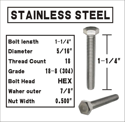 Bolt Fullerkreg 10 Sets Stainless Steel Hex Head Screws, 5/16-18x1-1/4", Bolts and Nuts Kit with Washers