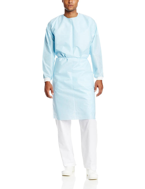 VALUMAX 3370K-B Disposable Dual-Fabric Cover Gown, Fluid Resistant,Tie Back, Knit Cuffs, Blue, Pack