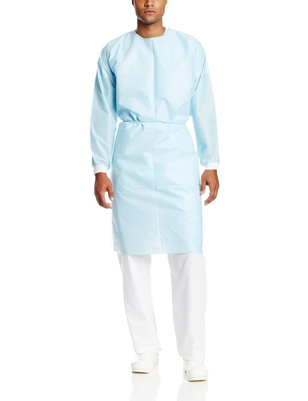 VALUMAX 3370K-B Disposable Dual-Fabric Cover Gown, Fluid Resistant,Tie Back, Knit Cuffs, Blue, Pack