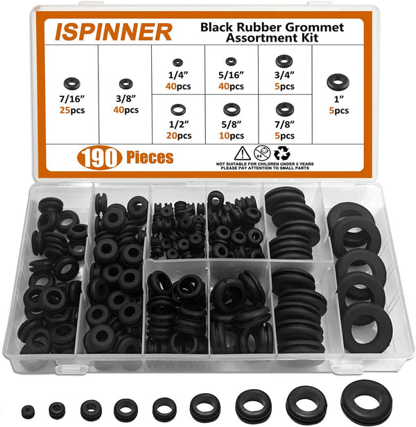 ISPINNER 190pcs Rubber Grommet Assortment Kit, 9 Sizes Eyelet Ring Gasket (Black, 1/4" to 1")
