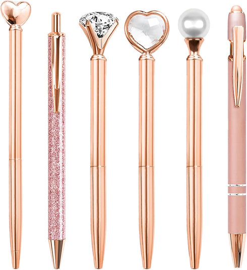 Cute 6 Pcs Rose Gold Metal Ballpoint Pens, 1.0mm Medium Point Black Ink, Office and School Supplies Gifts for Women