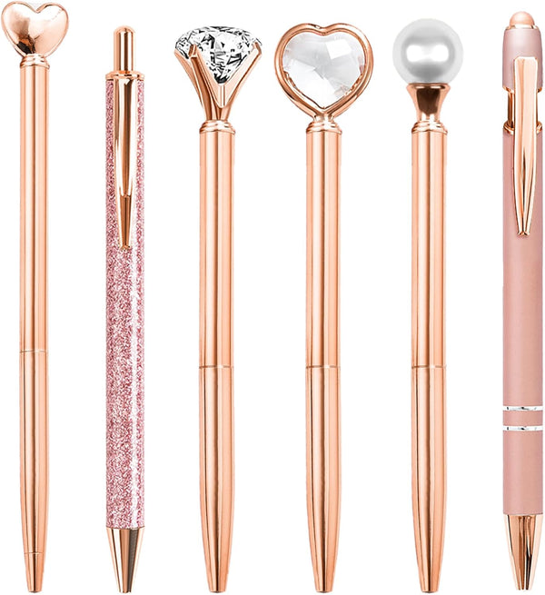 Cute 6 Pcs Rose Gold Metal Ballpoint Pens, 1.0mm Medium Point Black Ink, Office and School Supplies Gifts for Women