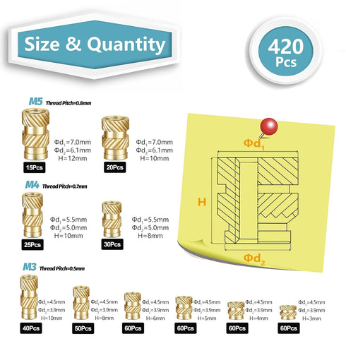 420Pcs M3 M4 M5 Threaded Inserts Assortment Kit for 3D Printing Components, Metric Brass Knurled Nuts, Insert by Heat into Plastic Parts