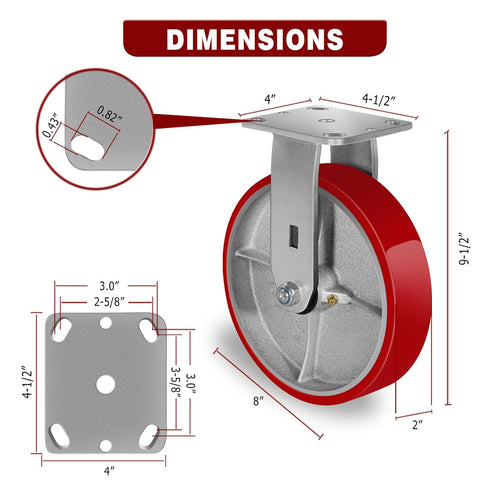 8" X 2" Industrial Rigid Caster, Heavy Duty, 1500lbs Load Capacity, No Noise Polyurethane Wheel on Steel Hub