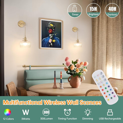 Shenmoyl Battery Operated Wall Sconce with Clear Striped Shade Pattern Glass Adjustable Chain Retro Gold Wall Mounted