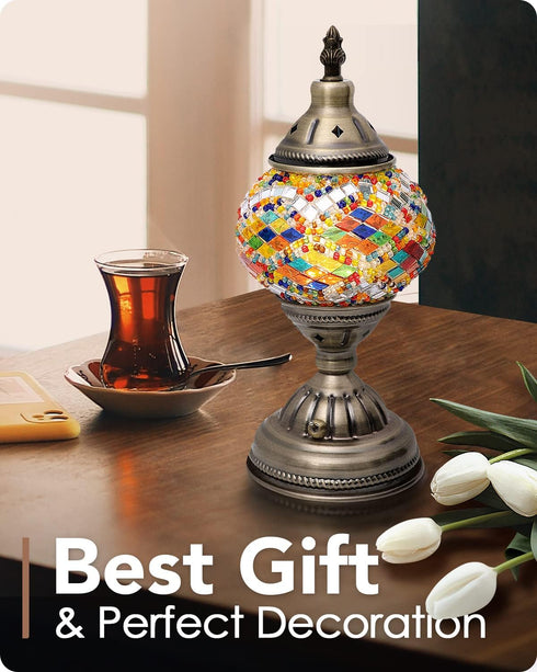 Yarra-Decor Turkish Moroccan Lamp, Handmade Tiffany Mosaic Glass Bedside Lamp with Rechargeable Battery, LED Bulb