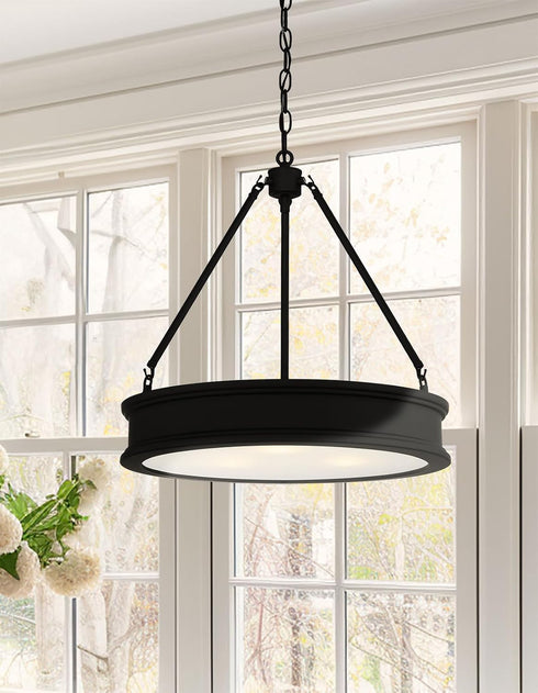 28990 100-Watt 3-Light Bulbs Minka Lavery Matte Black Drum Pendant Light with Frosted Clear Glass Shade, No Included