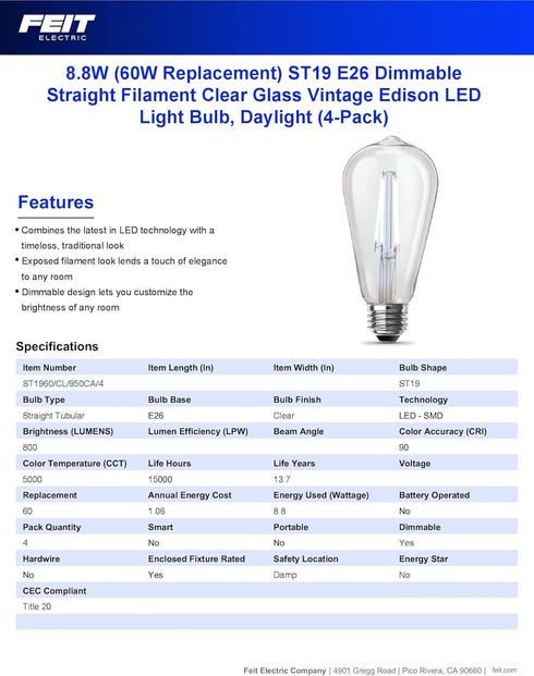 Feit Electric ST19 Vintage Edison LED Light Bulb, 60W Equivalent, Dimmable, 5000K Daylight, 800 Lumens, E26 Base, Retro Filament Light Bulbs, 15,000-Hour Lifetime, ST1960/CL/950CA/2/4, 8 Pack by Feit Electric