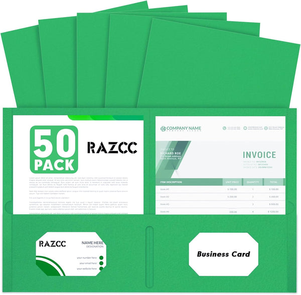 RAZCC Two Pocket Folders, 50 Pack, Fit Letter Size Paper, Pockets for School, Office, Business, Green