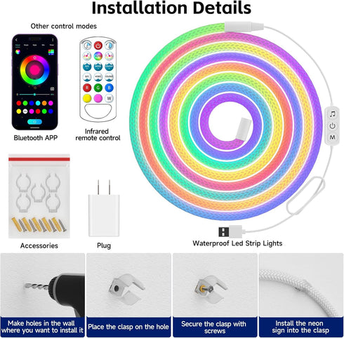 13.1ft 360 5V IP67 Tyute LED Rope Lights, Neon LED Lights Strip with Degree Luminous, USB Flexible Waterproof Music