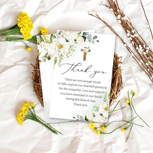 50 FYSUIMU Pcs Funeral Thank You Cards Bulk with Envelope Sticker Floral Sympathy Blank Note Cards White Flower Cross