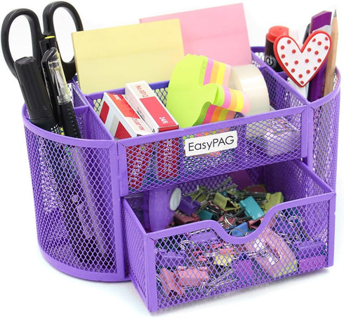 EasyPAG Desk Organizer Mesh Desktop Office Supplies Multi-functional Caddy Pen Holder Stationery with Drawer,Purple by EasyPAG
