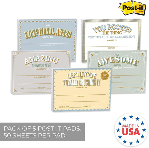 Motivational Achievement Certificate Fill in Sticky Note Pads, 6" x 4" Repositionable Recognition Award Sticky Pads, 50