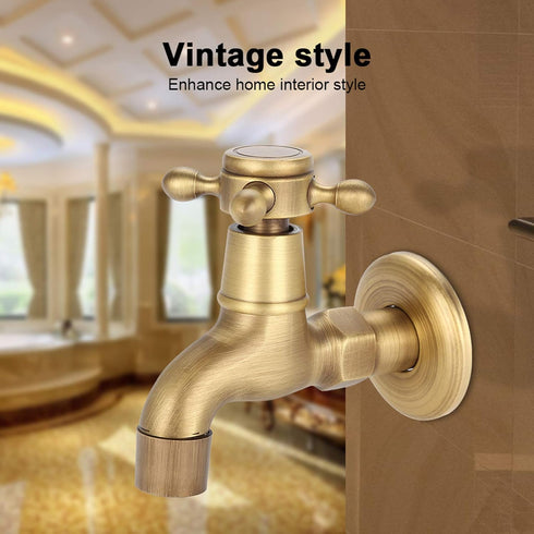 Wall Mounted Faucet, Vintage Solid Brass Single Cold Antique Lever Handle Water Tap for Kitchen Sink Laundry Utility