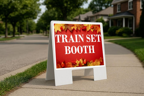 Train Set Booth Autumn Frame Colorful Maple Leaves On Red Background A-Frame