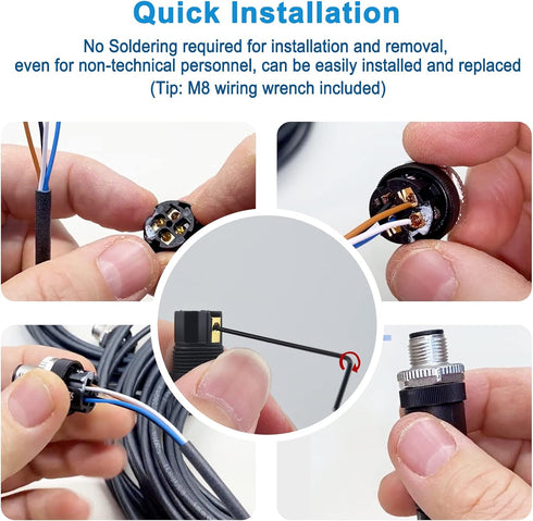 M8 3 Pin Male & Female Socket Panel Aviation Wire Connector, 8mm Industrial Circular Sensor, 4 Sets, Outdoor Waterproof