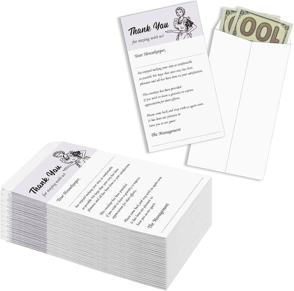 Geyee 100 Pack Housekeeping Thank You Tip Envelopes, Cash Self Adhesive for Hotel Motel, 3.5 x 6.5 Inches