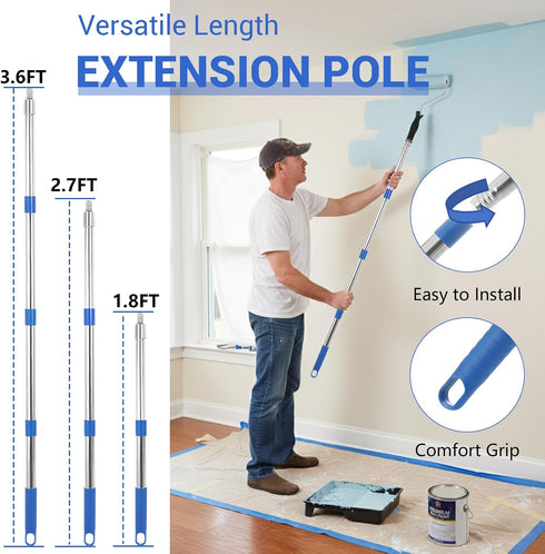 25 9 inch+4 inch ETERNA Paint Roller Kit with Extension Pole, Pieces Paint Supplies with Paint Tray&liners, Paint