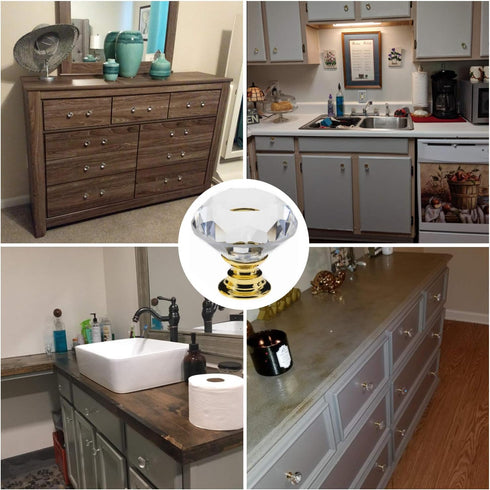 YourGift 6 Pack Drawer Knobs, Diamond Shaped Crystal Glass 30mm Cabinet Pull Handles (Gold)