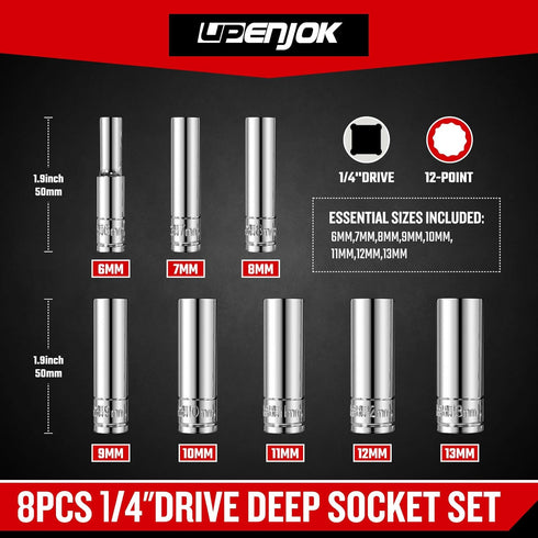 1/4 Inch Drive 12-Point Metric Socket Set, 8-Piece Deep Well Socket Set, CR-V Steel Tool Set, Sizes(6mm, 7mm, 8mm, 9mm, 10mm, 11mm, 12mm, 13mm) by Upenjok