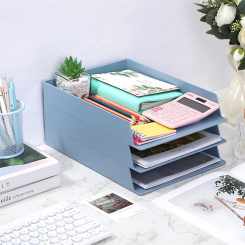TecUnite 6 Pieces Stackable Letter Trays, Blue File Organizer for Office Classroom Desktop Storage