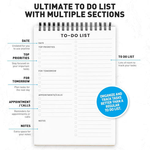 To Do List Notepad 6 Pack, 5.2 x 8" Spiral Daily Planner with 35 Sheets for Work, Note, and Todo Organization