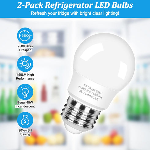 LED Refrigerator Light Bulb, 40 Watt Equivalent, 120V Fridge Appliance, 4W Daylight White 5000K, 2-Pack