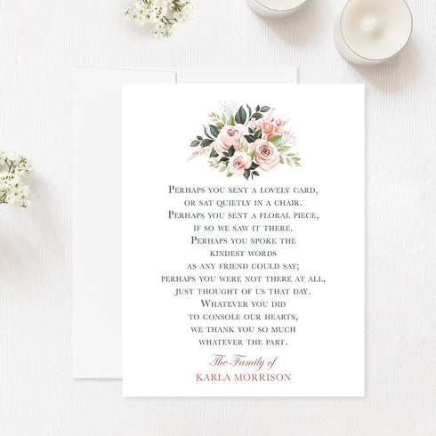 5.5x4.25 Sympathy Acknowledgement Cards, Personalized Funeral Thank You Cards with Poem and Pink Flowers - Flat
