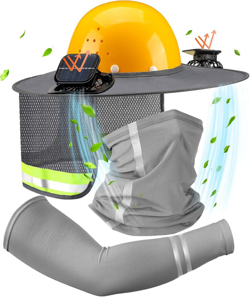 1 Set 2 Sun Hard Hat Shade Full Brim Hard Hat Sun Visor with Solar Fans and Neck Sunshade Cover UV Reflective Strap Arm