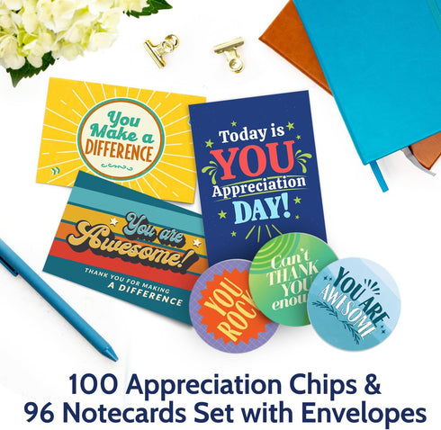 T MARIE 100 96 Pack Token of Appreciation Chips and Appreciation Cards - Bulk Gift Blank Encouragement Thank You