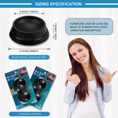 4PCS Furniture Wheel Caster Cups Rubber Non-Slip Foot Mats, Strong Grip Round Floor Protectors for Crib Wheels, Furniture Table Legs (Black)