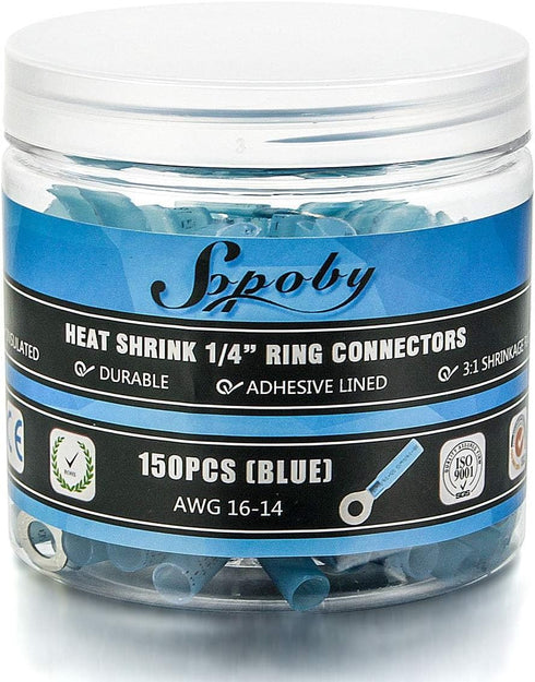 150PCS Heat Shrink Ring Connectors, 1/4" Blue 16-14 AWG, Sopoby Electrical Crimp Connector Kit