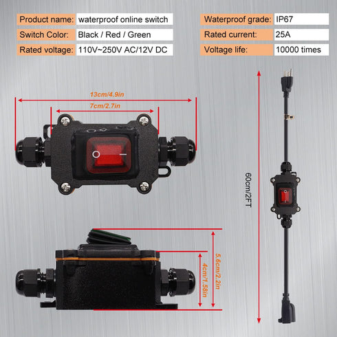 Weideer 2FT Extension Cord with Inline Switch On/Off, IP67 Waterproof, 20A 250V, Red LED Rocker Switch for Holiday