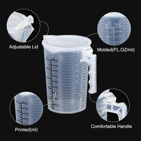 PATIKIL Graduated Beaker, 2 Pack 500ml PP Plastic Liquid Measuring Cup with Double Sided Black Graduations, Handle Lid