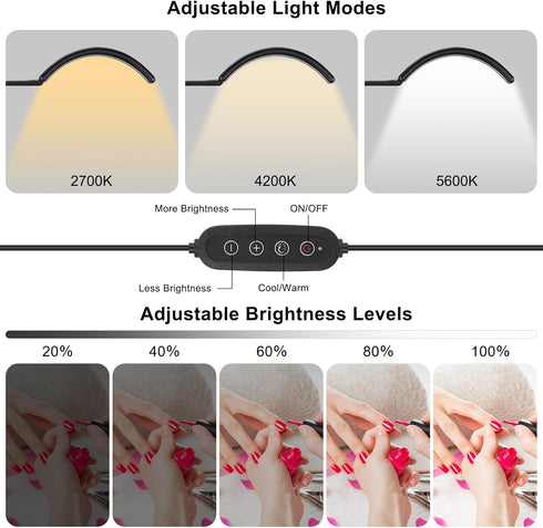 3 5 Professional Half Moon LED Desk Light for Nail Techs & Artists Flexible Gooseneck Lamp with Clamp, Color Modes