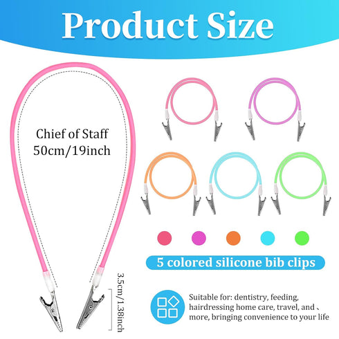5 Pack Multicolor Silicone Bib Clips with Metal Clamps Dental Napkin Holder for Adults and Kids, Flexible Neck Apron