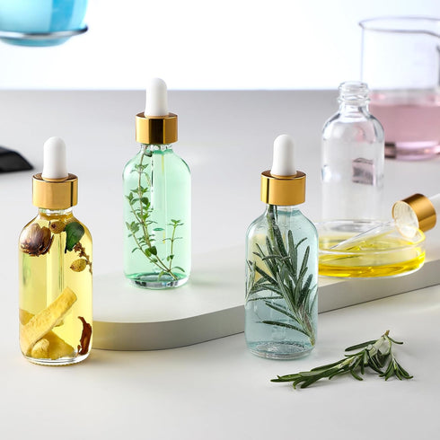 AOZITA 4 Set of 2 oz Clear Dropper Bottles (60ml) with 1 Funnel & 4 Labels - Glass Tincture Bottles for Essential Oils